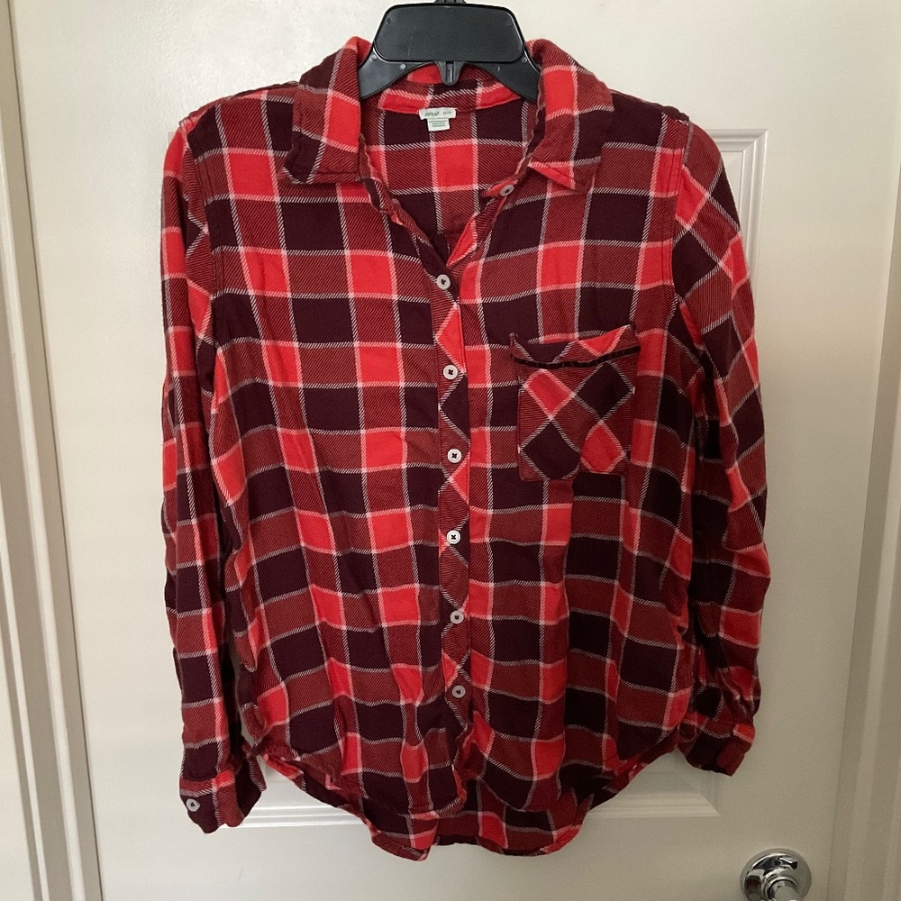 Aerie Button Down Plaid‎ Flannel - Orange/Red - Size XS
